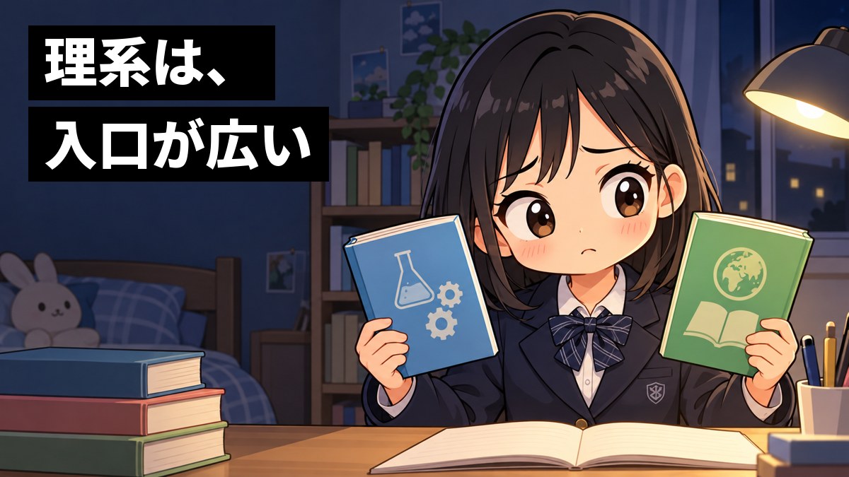 夜の自分の部屋の机で、制服の女子中学生が、表紙の違う2冊の参考書を両手に持って見比べ、眉を下げて途方にくれている。「理系は、入口が広い」の文字。