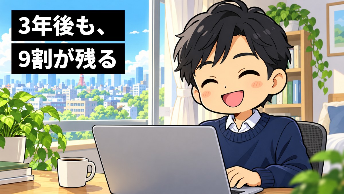 明るい部屋の窓辺の机で、ノートパソコンに向かう若い男性社員が、仕事がうまく片づいて満面の笑みを浮かべている。机にはマグカップと観葉植物。「3年後も、9割が残る」の文字。