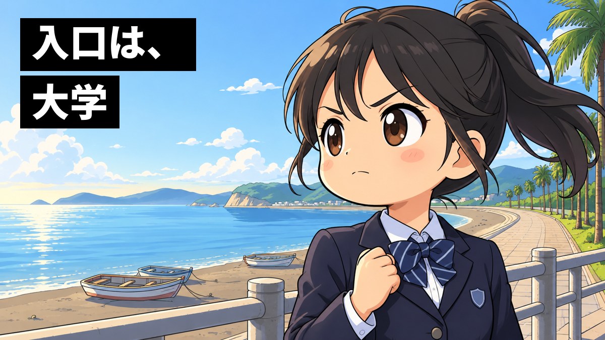 朝の館山の海辺の遊歩道で、制服の女子中学生が、こぶしを握って口を結び、海の向こうを見すえている。「入口は、大学」の文字。