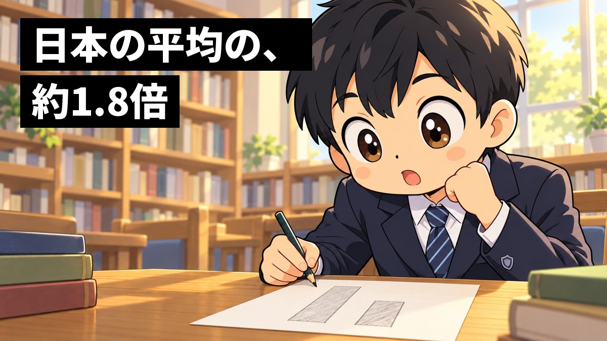 学校の図書室の机で、制服の男子中学生が、高さの違う2本の棒グラフが描かれた紙を見比べ、目を見開いて身を乗り出している。「日本の平均の、約1.8倍」の文字。