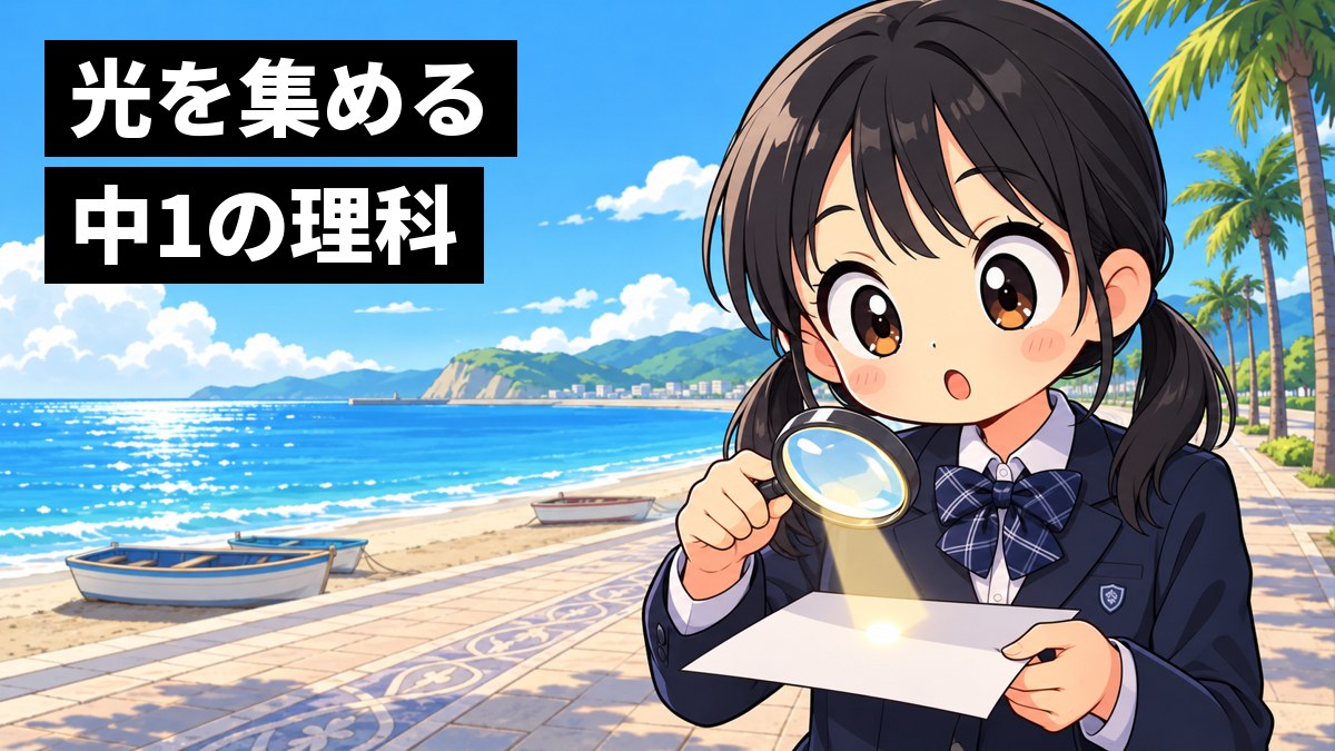 館山の海沿いの遊歩道で、制服の女子中学生が、虫めがねで太陽の光を集めて小さな明るい点ができるのを見て、はっとひらめいた顔をしている。「光を集める 中1の理科」の文字。