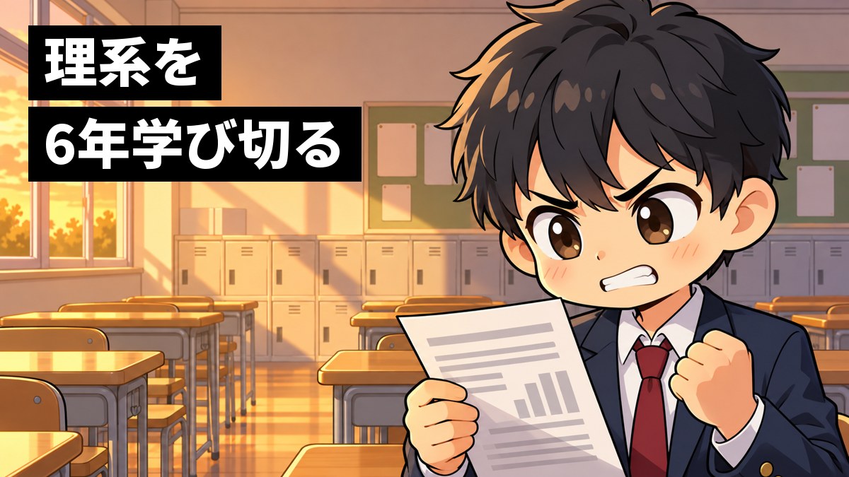 放課後の高校の教室で、ブレザーの男子高校生が、模試の結果の紙を見て悔しさに歯を食いしばり、拳を握っている。「理系を6年学び切る」の文字。