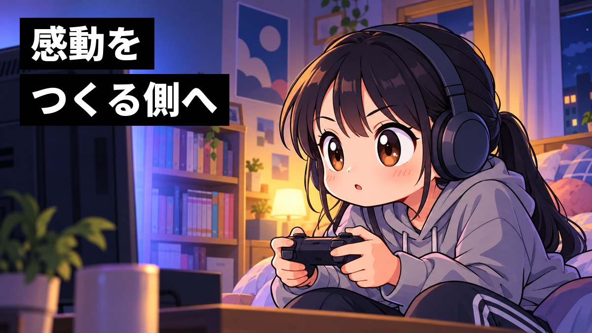 夜の自分の部屋で、ヘッドホンをした女子中学生が、ゲームのコントローラーを握って画面に向かって身を乗り出し、夢中になっている。「感動をつくる側へ」の文字。