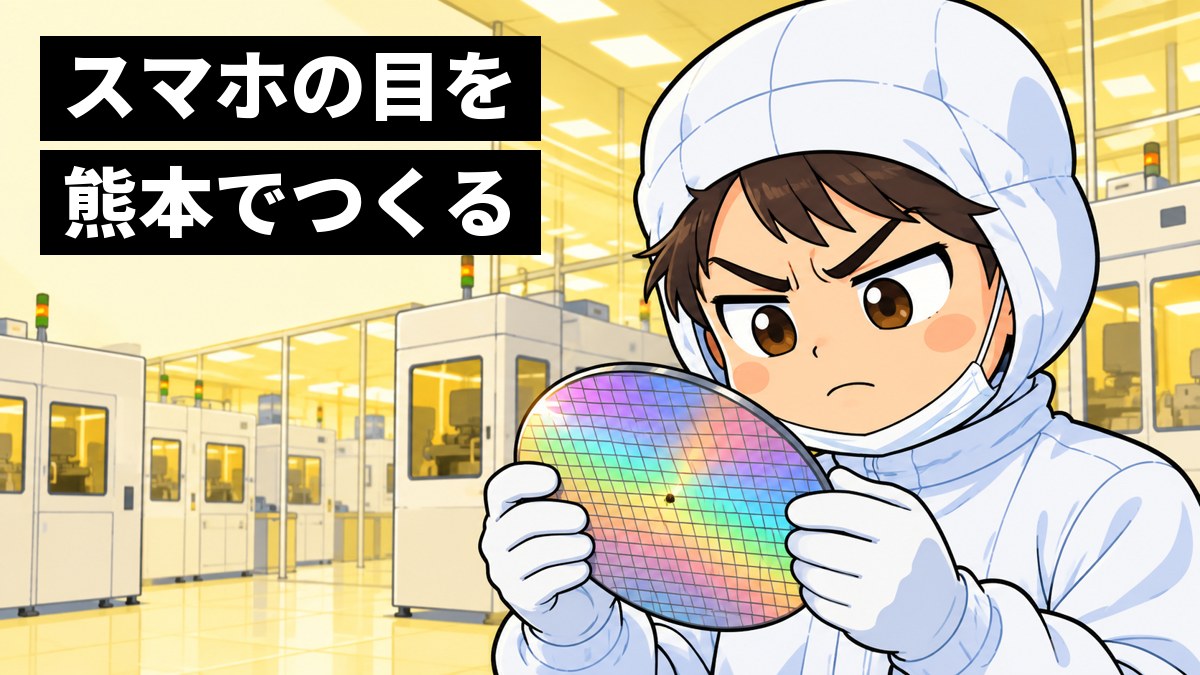 半導体の工場のクリーンルームで、白い防じん服を着た若い男性の技術者が、虹色に光るウエハーを持ち上げて、小さな傷を見つけて眉間にしわを寄せている。「スマホの目を熊本でつくる」の文字。