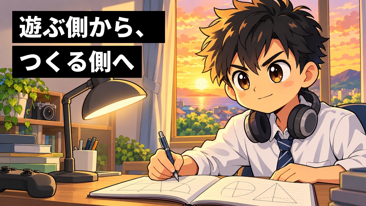 夕方の自分の部屋の机で、ヘッドホンを首にかけた制服の男子中学生が、数学のノートに向かってペンを握り、決意に満ちた目で前を見ている。「遊ぶ側から、つくる側へ」の文字。