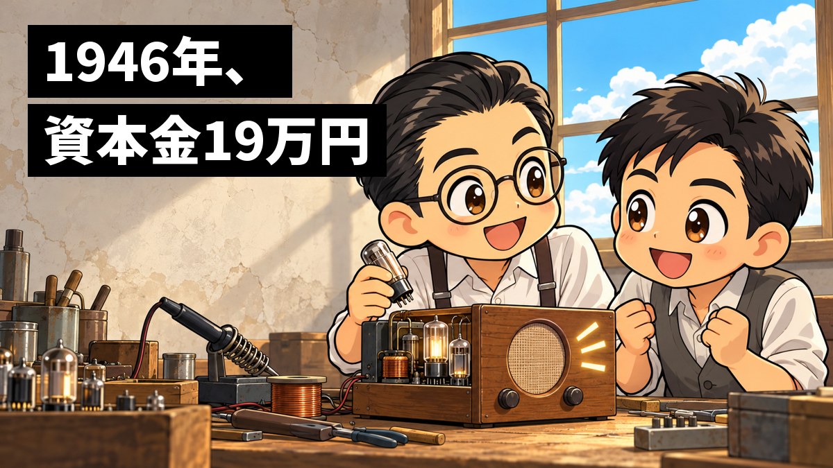 戦争が終わってすぐの、がらんとした古いビルの一室で、2人の若い技術者が手づくりの木の箱のラジオから音が鳴ったのを聞いて、満面の笑みで喜んでいる。「1946年、資本金19万円」の文字。