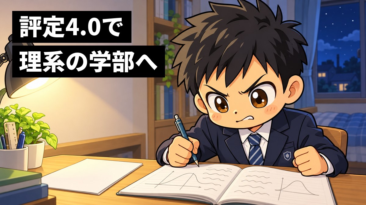 夜の自分の部屋の机で、制服の男子中学生が、返ってきた数学のテストを前に、悔しそうに唇をかみ、シャーペンを強く握りしめている。「評定4.0で理系の学部へ」の文字。