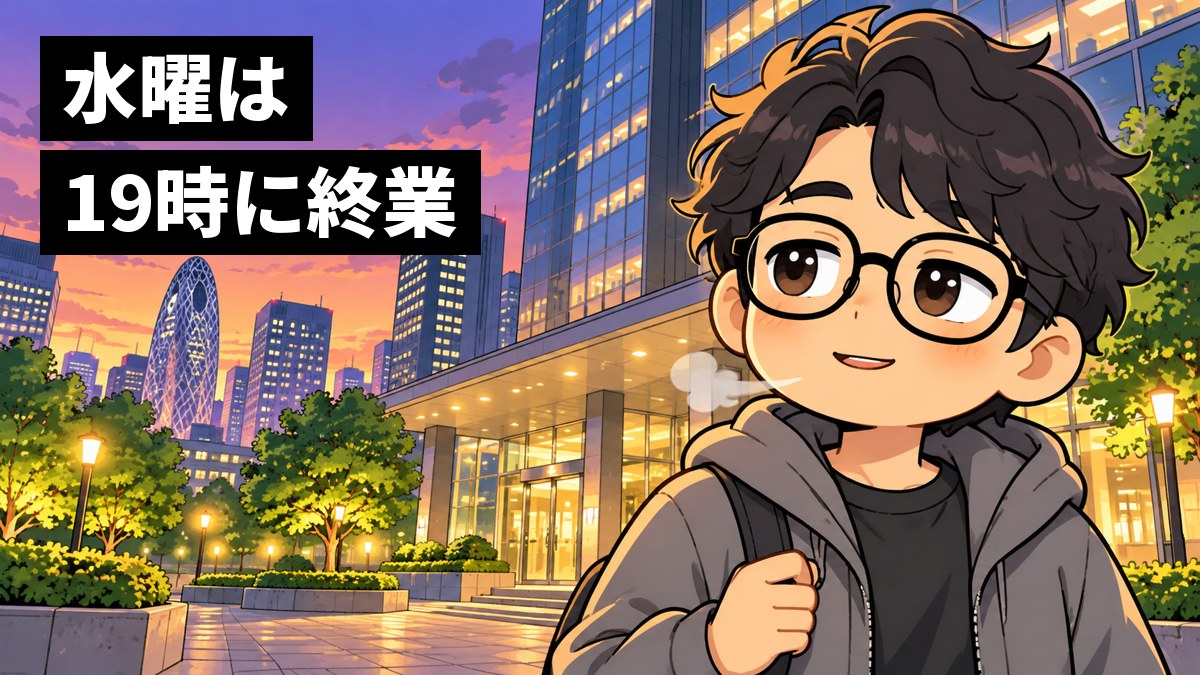 夕方の新宿の高層ビルの前で、リュックを背負った若い男性の社員が、早めに仕事を終えて外に出て、ほっと息をついている。「水曜は19時に終業」の文字。
