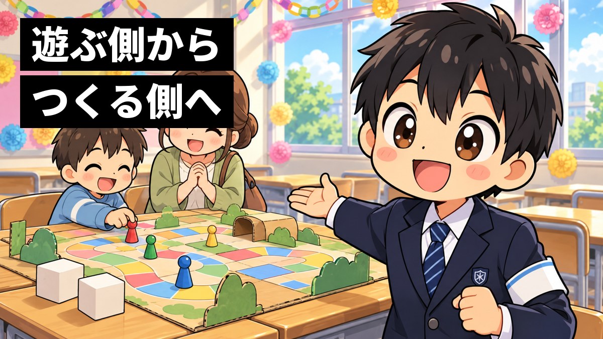 中学校の文化祭の教室で、制服の男子中学生が、仲間と手づくりした紙のボードゲームで遊ぶお客さんを見て、満面の笑みで喜んでいる。「遊ぶ側からつくる側へ」の文字。