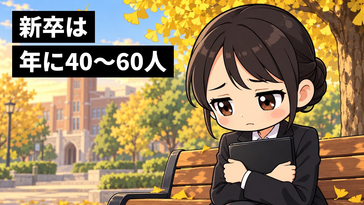 大学のキャンパスのベンチで、リクルートスーツの女子大学生が、自分の作品をまとめたファイルを胸に抱え、面接のあとでうなだれてしょんぼりしている。「新卒は年に40〜60人」の文字。