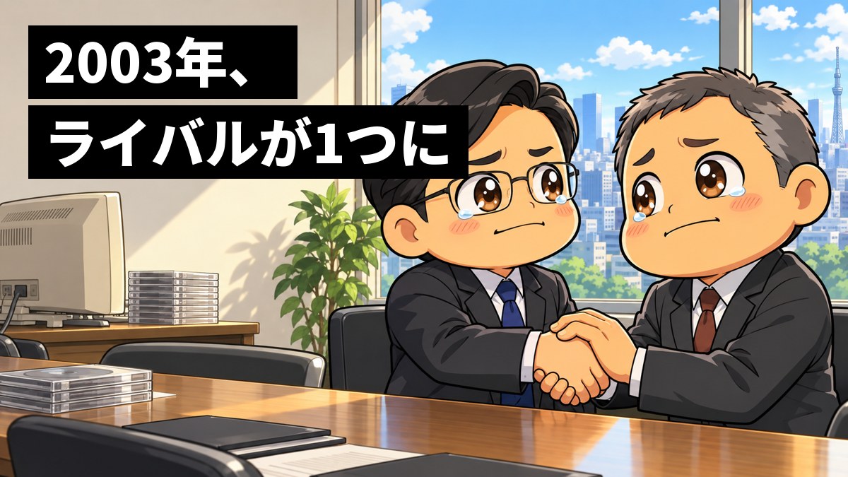 2000年代はじめの会社の会議室で、スーツ姿の2人の男性が、合併の日に固く握手を交わし、感激で目をうるませている。「2003年、ライバルが1つに」の文字。