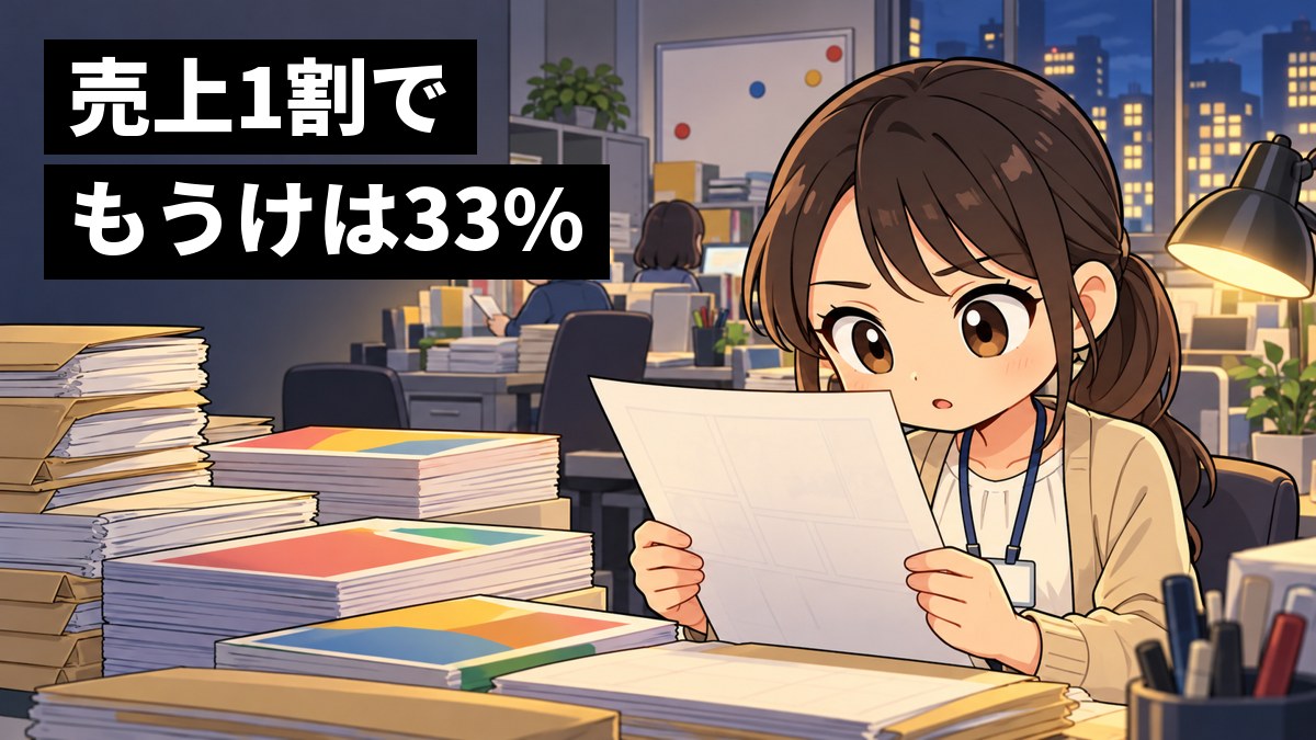 夜のマンガの編集部で、若い女性の編集者が、届いたばかりのマンガの原稿を両手で持ち、真剣な目で1コマずつ読みこんでいる。「売上1割でもうけは33%」の文字。