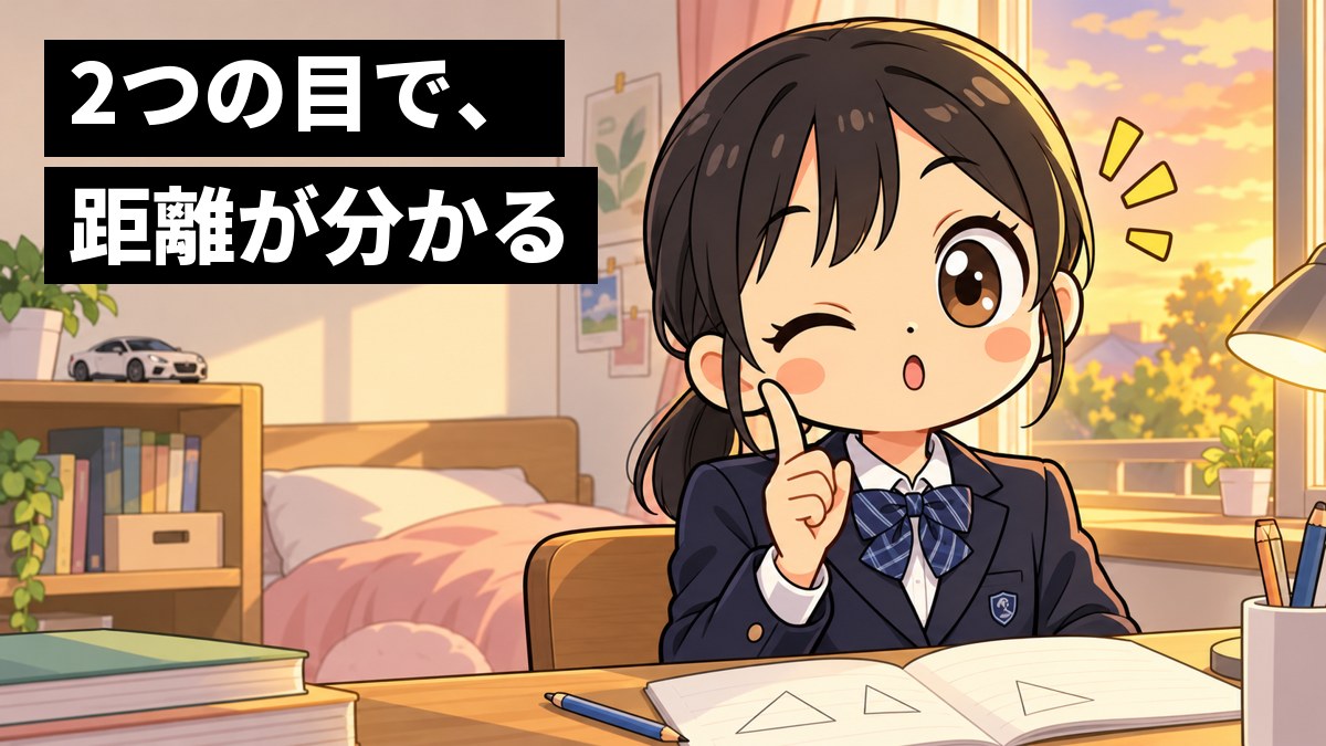 自分の部屋の机で、制服の女子中学生が、顔の前に立てた人さし指を片目ずつつぶって見比べ、見え方のずれに気づいて目を見開いている。机には数学のノート。「2つの目で、距離が分かる」の文字。