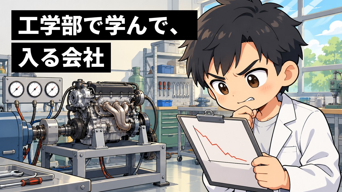 大学の工学部の実験室で、白衣の男子大学生が、エンジンの試験台の横でうまくいかなかった結果を見て、眉を寄せて悔しそうに唇をかんでいる。「工学部で学んで、入る会社」の文字。