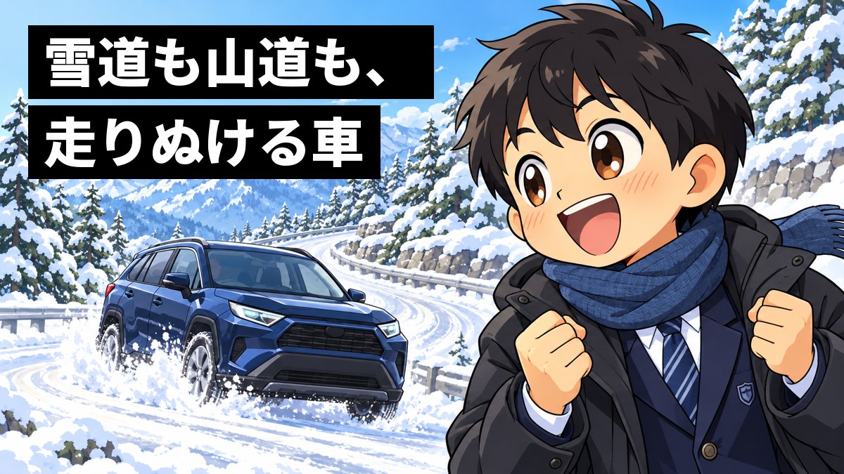 雪の積もった山道で、制服の男子中学生が、雪をけたてて坂を登っていく青いSUVを、目を輝かせて身を乗り出して見送っている。「雪道も山道も、走りぬける車」の文字。