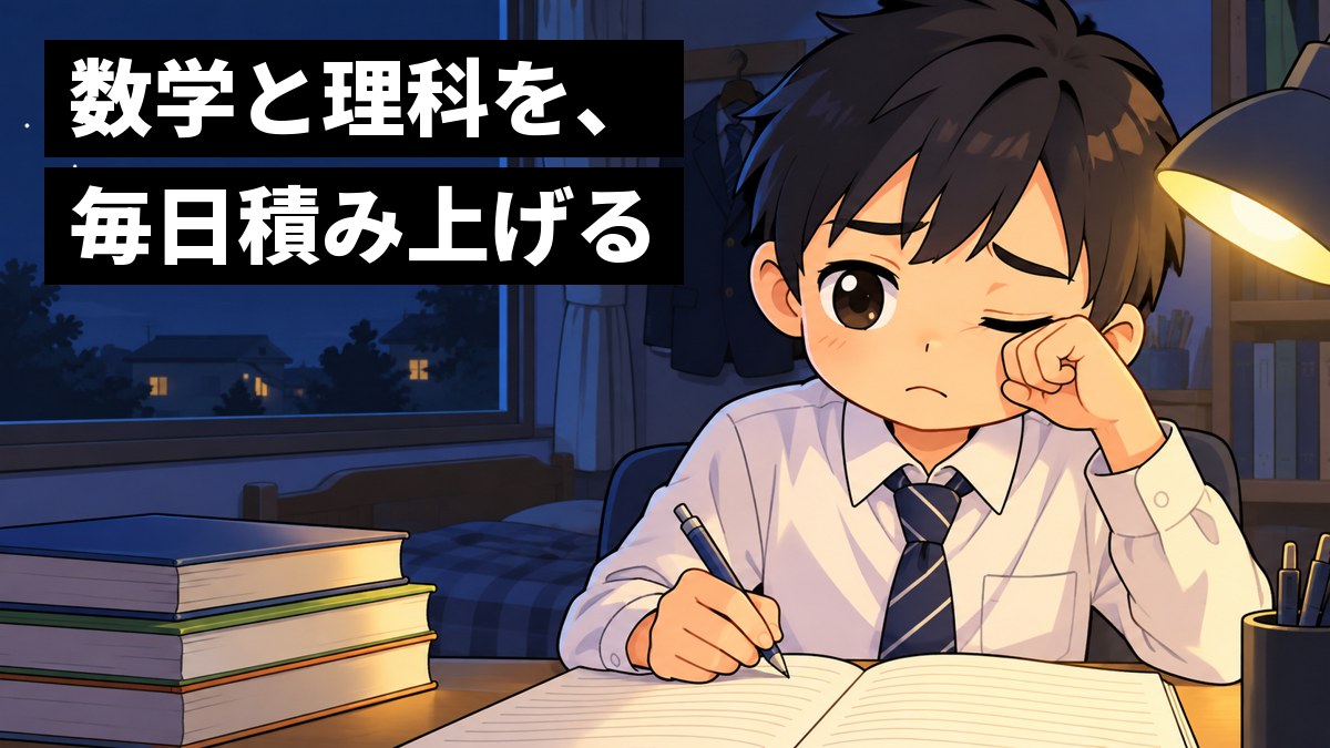 夜、自分の部屋の机で、制服の男子中学生が、疲れて片手で目をこすりながらも、もう片方の手でシャープペンを持ってノートに向かっている。窓の外には星空。「数学と理科を、毎日積み上げる」の文字。