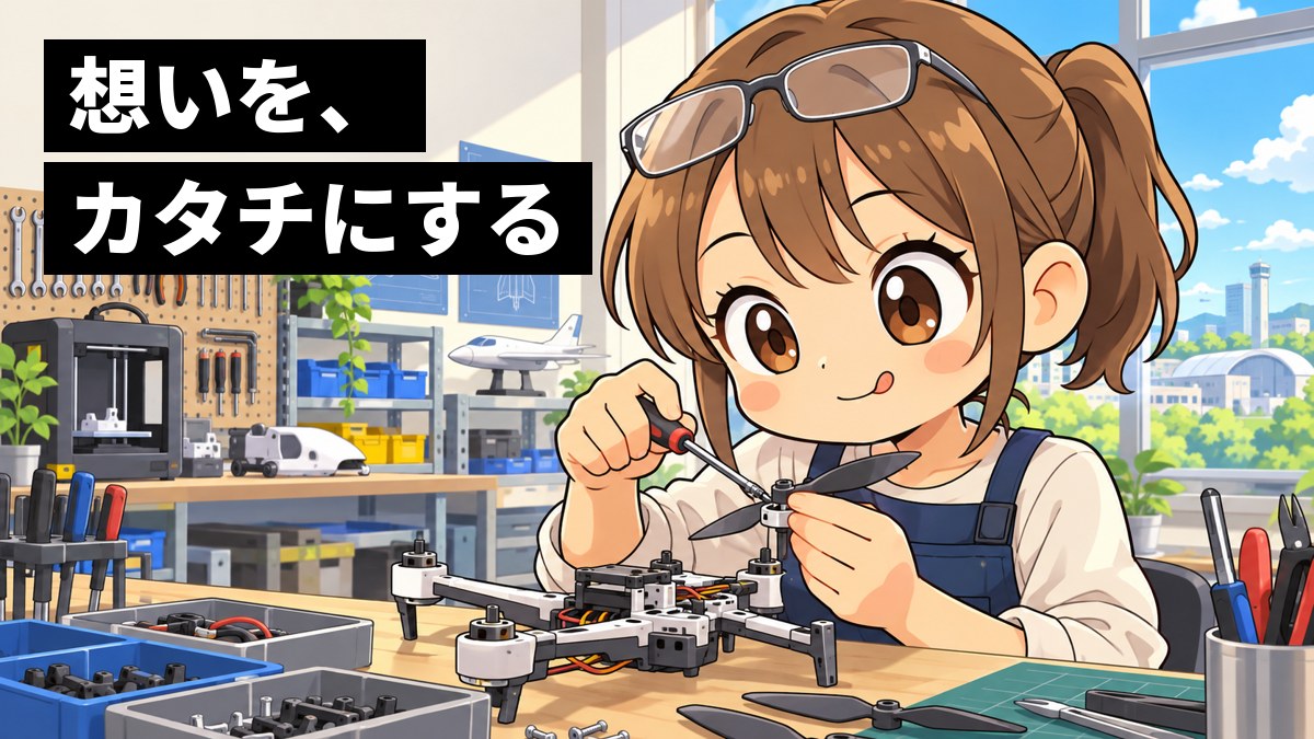 大学の工作室で、作業着の女子大学生が、手作りの小さなドローンの部品を、夢中になって組み立てている。「想いを、カタチにする」の文字。