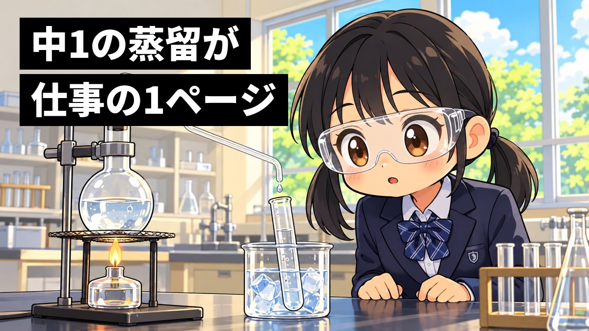 理科室の実験台で、制服の女子中学生が、フラスコを温めて出てきた液体が試験管にたまるようすを、夢中でのぞきこんでいる。「中1の蒸留が仕事の1ページ」の文字。
