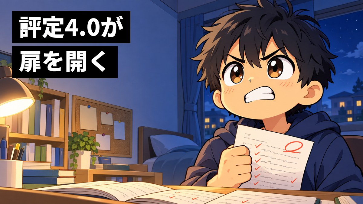 夜の自分の部屋の机で、男子高校生が返ってきたテストを握りしめ、悔しそうに歯を食いしばっている。机には参考書とノート。「評定4.0が扉を開く」の文字。