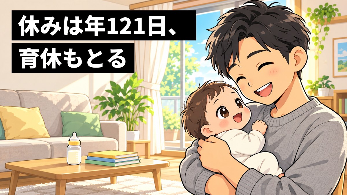 日の当たる明るいリビングで、若い父親が赤ちゃんを抱っこして、うれしそうに笑っている。「休みは年121日、育休もとる」の文字。