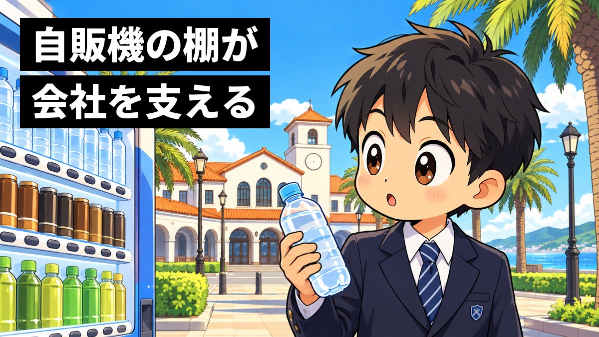 館山駅前の自動販売機の前で、制服の男子中学生が、並んだ水・缶コーヒー・お茶を見比べて目を丸くしている。「自販機の棚が会社を支える」の文字。