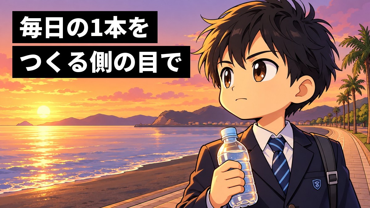 館山の北条海岸の遊歩道で、制服の男子中学生が水のペットボトルを握り、夕方の海の向こうをまっすぐ見すえている。「毎日の1本をつくる側の目で」の文字。