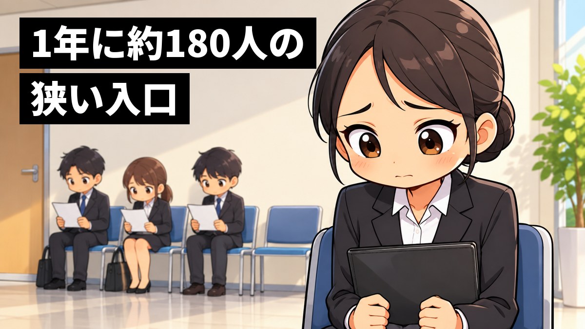 会社の待合室で、就活スーツの女子大学生が、面接の順番を待ちながら不安そうに肩をすくめている。後ろには同じように待つ学生たち。「1年に約180人の狭い入口」の文字。