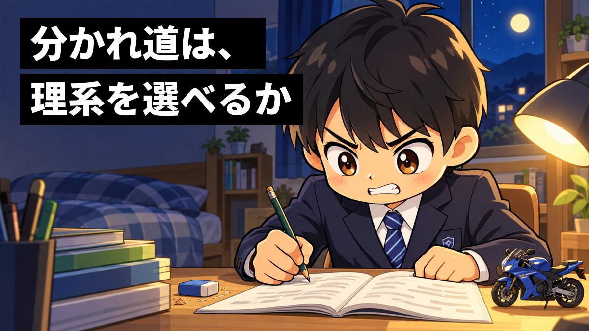 夜の自分の部屋の机で、制服の男子中学生が数学の問題集に向かい、解けない悔しさに歯を食いしばってペンを握りしめている。机の端には小さなバイクの模型。「分かれ道は、理系を選べるか」の文字。