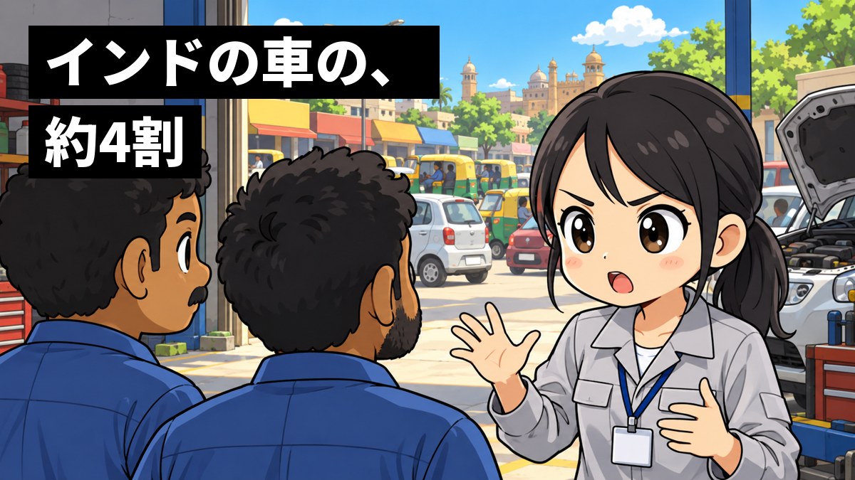 インドのにぎやかな通りに面した車の整備工場で、作業着の若い日本人の女性技術者が、インド人の整備士たちに眉を寄せて身ぶりを交えながら必死に説明している。通りには小さな車がたくさん走っている。「インドの車の、約4割」の文字。