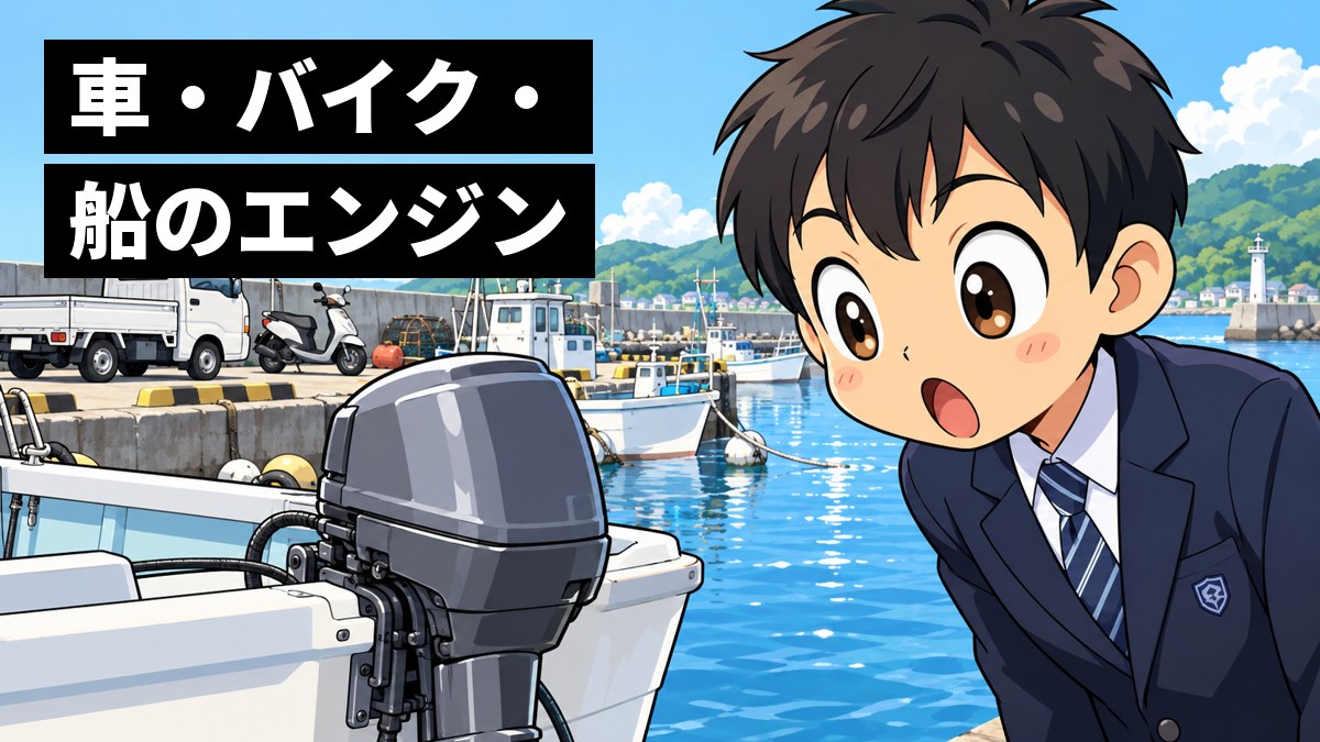 小さな漁港の岸壁で、制服の男子中学生が、釣り船の後ろに付いたエンジン(船外機)をのぞきこみ、目を丸くして驚いている。後ろには軽トラックとバイク。「車・バイク・船のエンジン」の文字。