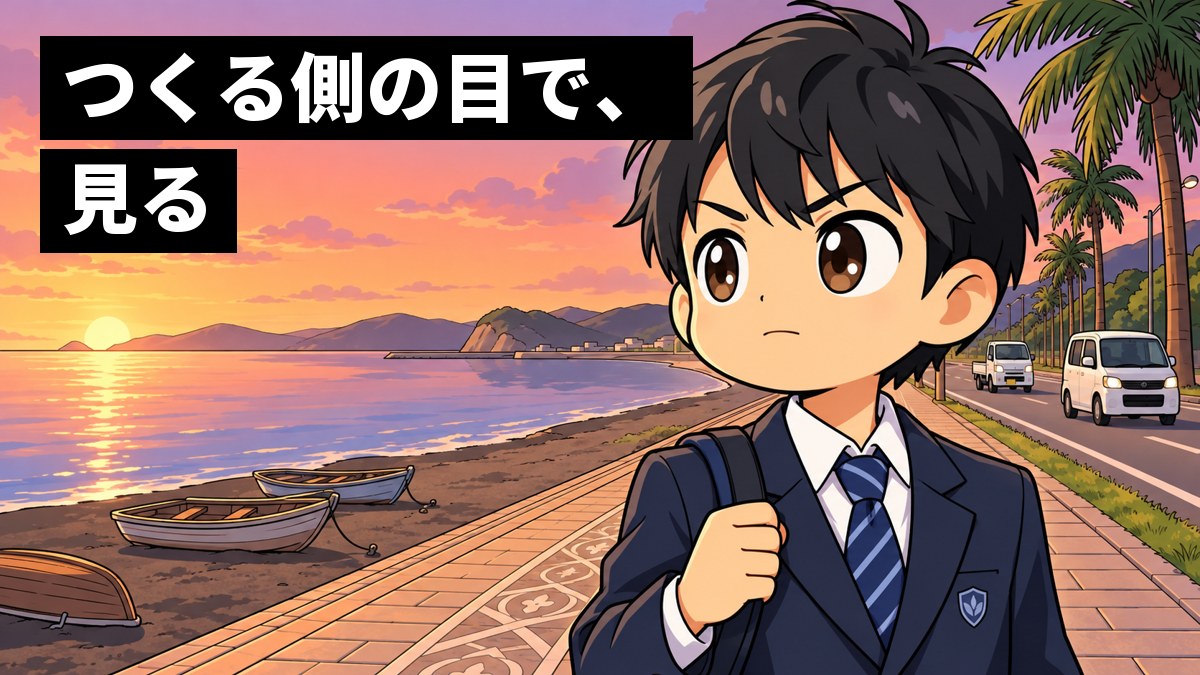 館山の海沿いの遊歩道で、制服の男子中学生が道を走る小さな軽自動車を見つめ、唇を結んでまっすぐな決意の目をしている。「つくる側の目で、見る」の文字。