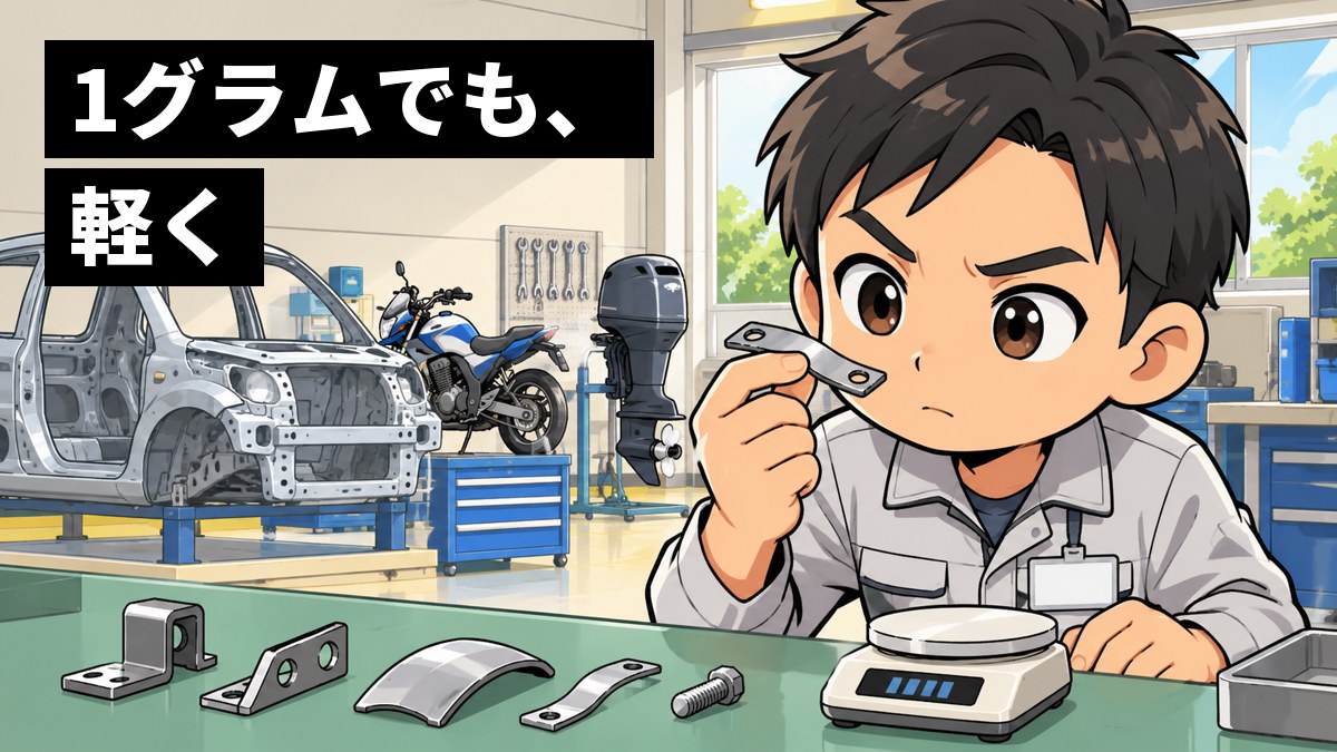 車の開発の作業台で、作業着の若い男性技術者が、小さな金属の部品を手のひらに載せ、はかりと見比べながら夢中で目をこらしている。「1グラムでも、軽く」の文字。