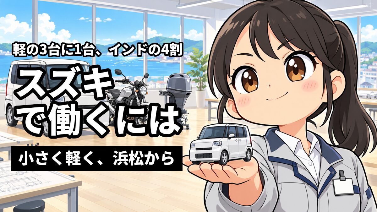 小さな車とバイク、船外機が並ぶ明るい開発の部屋で、小さな車の模型を手に自信ありげに笑う若い女性の技術者。「軽の3台に1台、インドの4割」「スズキで働くには」「小さく軽く、浜松から」の文字。