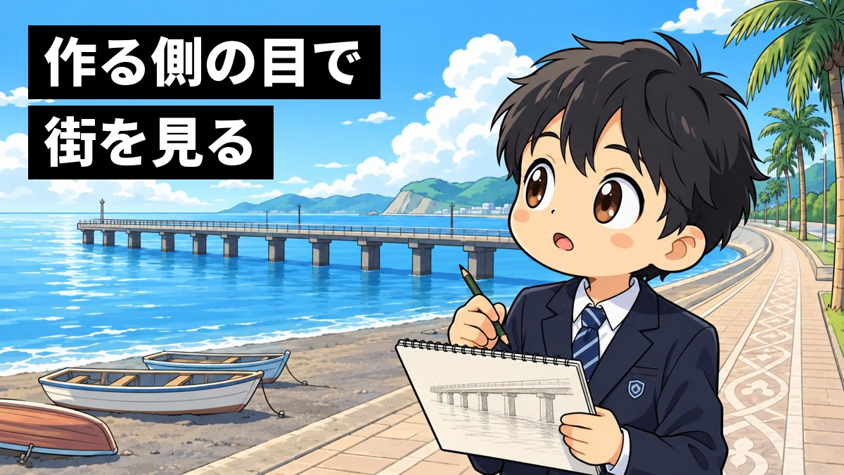 館山の海沿いの遊歩道で、制服の男子中学生が、海に延びる長い桟橋の柱を見上げながら、スケッチ帳に夢中で描き写している。「作る側の目で街を見る」の文字。