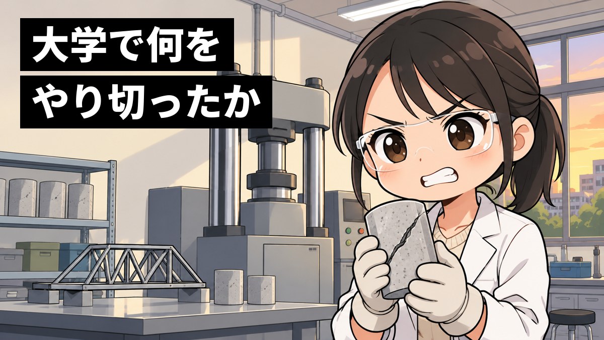 大学の工学部の実験室で、白衣に保護めがねの女子大学生が、ひびの入ったコンクリートの試験体を前に、悔しさで歯を食いしばっている。「大学で何をやり切ったか」の文字。