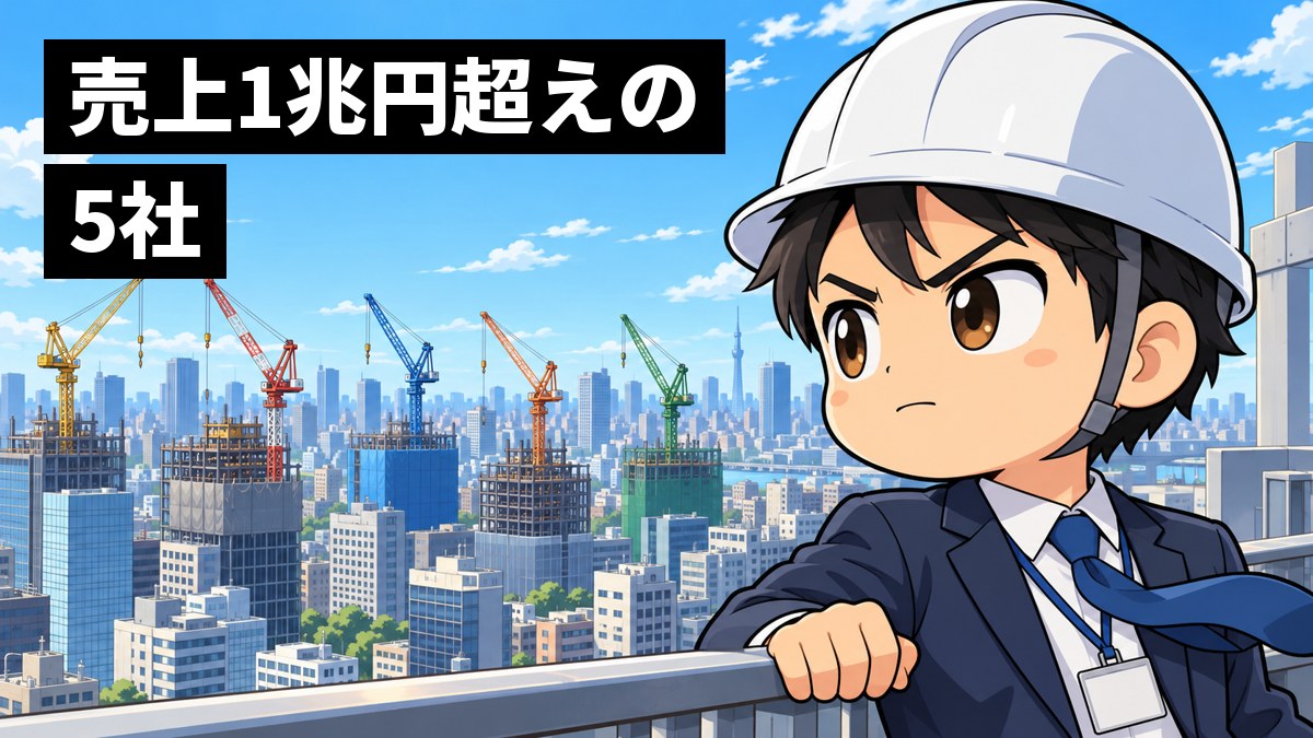 高層ビルの屋上で、スーツにヘルメットの若い男性社員が、街のあちこちに立つ何本ものタワークレーンをにらみ、眉を寄せて口を結んでいる。「売上1兆円超えの5社」の文字。