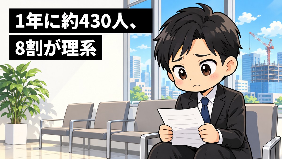 会社の待合室のいすで、リクルートスーツの男子大学生が、大学の成績表を握りしめ、面接の順番を待ちながら不安そうに目を伏せている。「1年に約430人、8割が理系」の文字。