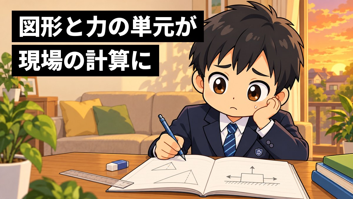 リビングのテーブルで、制服の男子中学生が、三角形と力の矢印が描かれた問題集を前に、ペンを止めて途方にくれている。「図形と力の単元が現場の計算に」の文字。