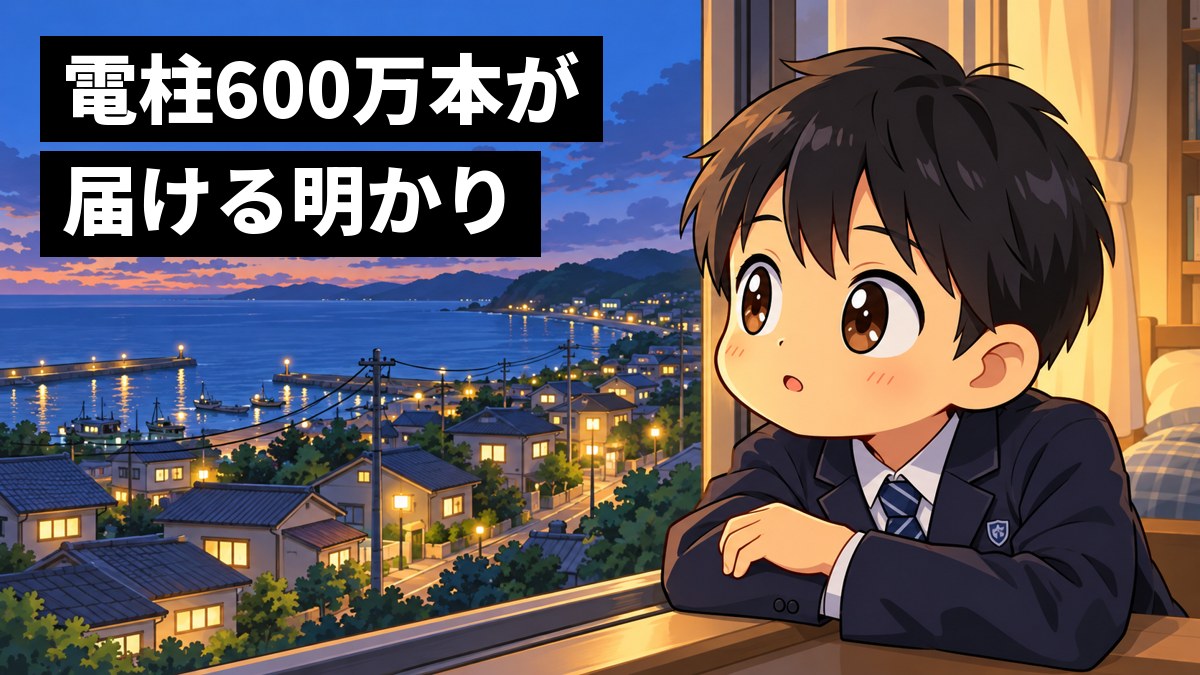 夕暮れの部屋の窓辺で、制服の男子中学生が、海沿いの町に灯り始めた家々の明かりと電柱を見下ろし、目を輝かせて見とれている。「電柱600万本が届ける明かり」の文字。