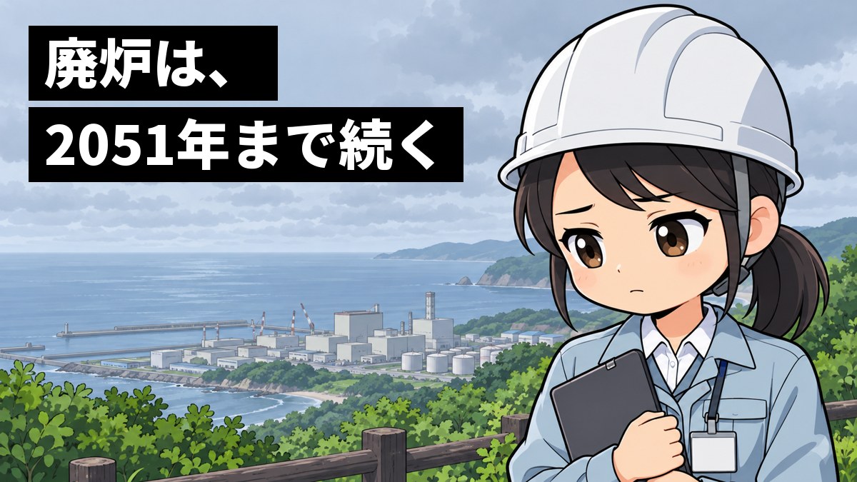 海沿いの発電所の敷地が見える高台で、白いヘルメットに作業服の若い女性社員が、手にした書類を胸に抱え、目を伏せて口を結び、静かに考え込んでいる。「廃炉は、2051年まで続く」の文字。
