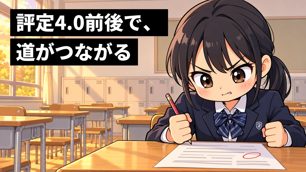放課後の教室の机で、制服の女子中学生が返ってきたテストを前に、悔しそうに唇をかみ、次こそはと鉛筆を握りしめている。「評定4.0前後で、道がつながる」の文字。