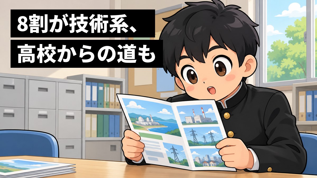 高校の進路指導室で、詰襟の学生服の男子高校生が、机の上の求人の紙を食い入るように読み、身を乗り出してワクワクしている。「8割が技術系、高校からの道も」の文字。