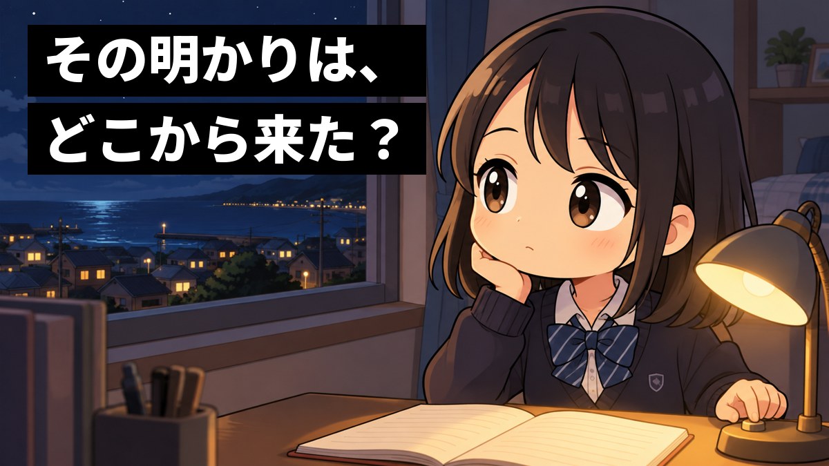 夜の自分の部屋で、制服の上にカーディガンを着た女子中学生が、机のライトをつけた手を止め、窓の外の町の明かりをしみじみと見つめている。「その明かりは、どこから来た?」の文字。