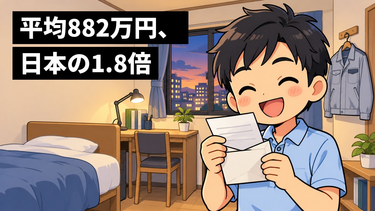 明るい社員寮の部屋で、若い男性社員が、初めての給与明細の封筒を両手で持ち、ぱっと笑顔になっている。「平均882万円、日本の1.8倍」の文字。