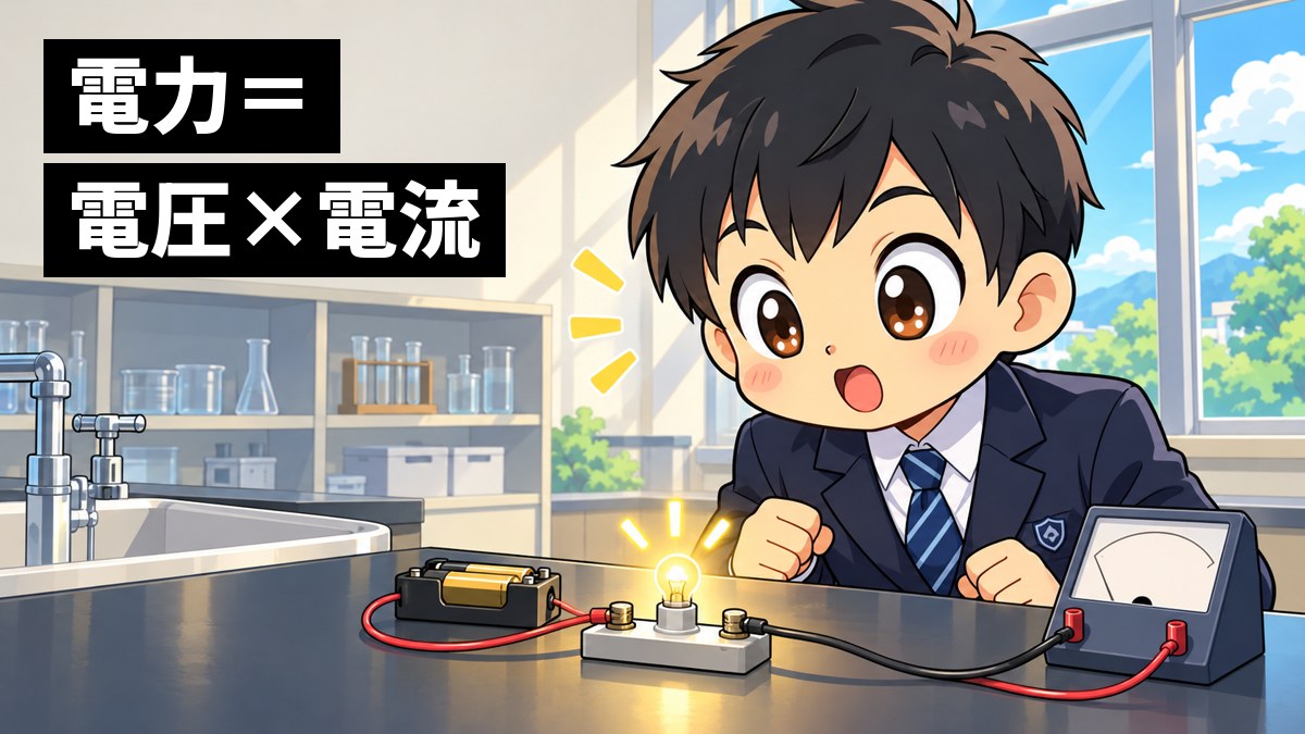 中学校の理科室の実験机で、制服の男子中学生が、電池と導線でつないだ豆電球がぱっと点いた瞬間に、目をまん丸にして身を乗り出している。「電力=電圧×電流」の文字。