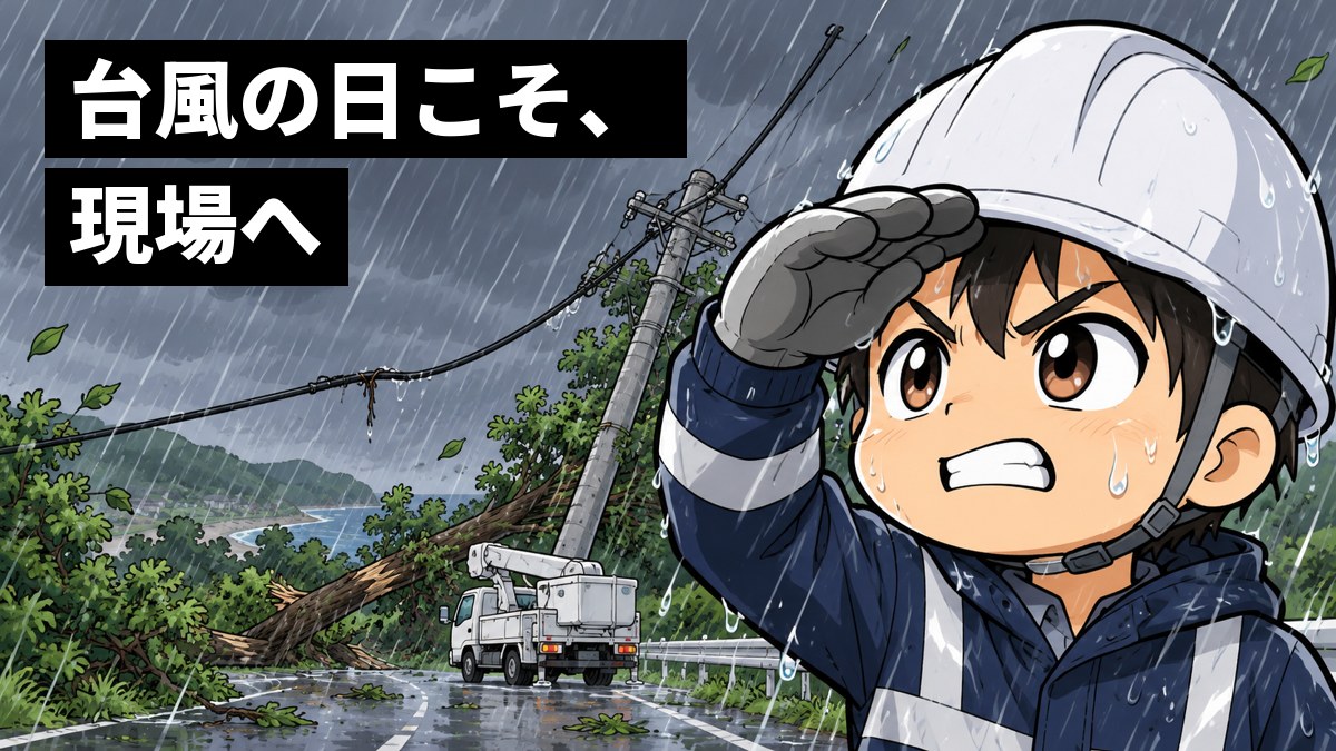 強い風と雨の中、倒れた木のそばの電柱の前で、雨がっぱとヘルメットの若い男性社員が、歯を食いしばり眉をつり上げて切れた電線をにらんでいる。「台風の日こそ、現場へ」の文字。