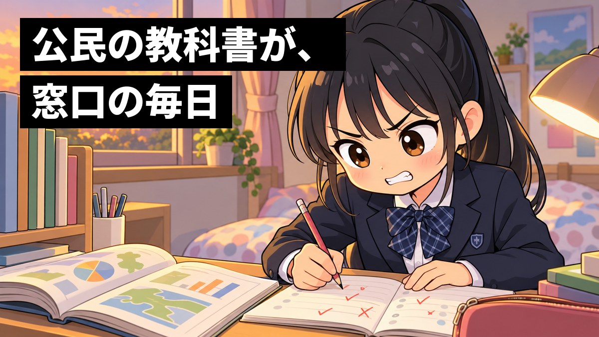 夕方の自分の部屋の机で、制服の女子中学生が、赤ペンの×が付いたノートを前に、悔しそうに歯を食いしばってもう一度問題を解き直している。「公民の教科書が、窓口の毎日」の文字。
