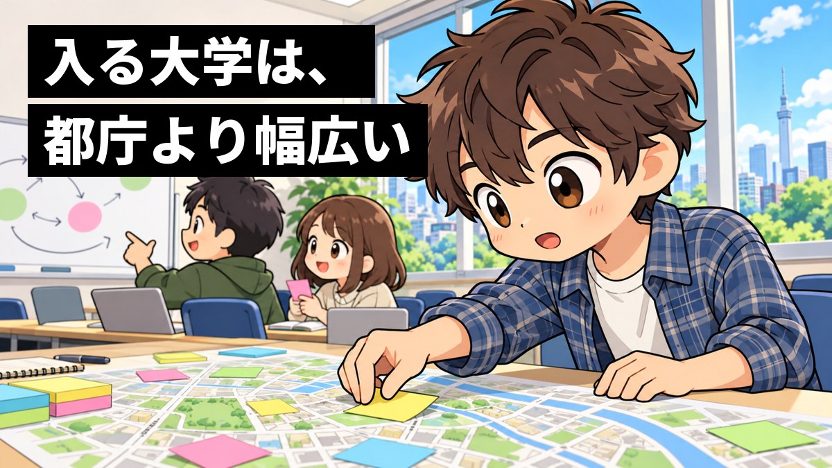 大学のゼミ室で、私服の男子大学生が、机に広げた街の地図に付箋を貼りながら、夢中になって身を乗り出している。「入る大学は、都庁より幅広い」の文字。