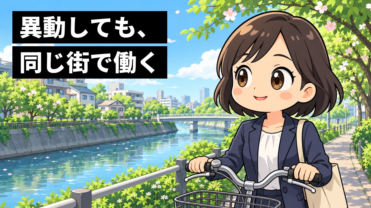 朝の東京の川沿いの道で、自転車を押すスーツ姿の若い女性職員が、桜並木と住宅街を見ながら満ち足りた顔でほほえんでいる。「異動しても、同じ街で働く」の文字。