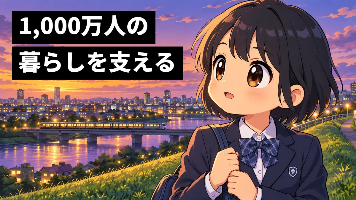 夕暮れの東京の住宅街を見渡す土手の上で、制服の女子中学生が、灯りのともり始めた家々を見つめ、目を輝かせている。「1,000万人の暮らしを支える」の文字。